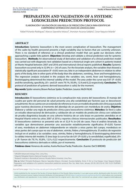 Elaboración y validación de una regla de predicción clínica para identificar compromiso sistémico en casos de loxoscelismo  