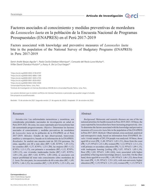 Factores asociados al conocimiento y medidas preventivas de mordedura  de Loxosceles laeta en la población de la Encuesta Nacional de Programas Presupuestales (ENAPRES)