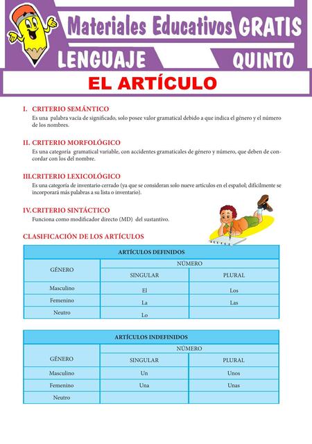 El Artículo y su Clasificación Para Quinto Grado