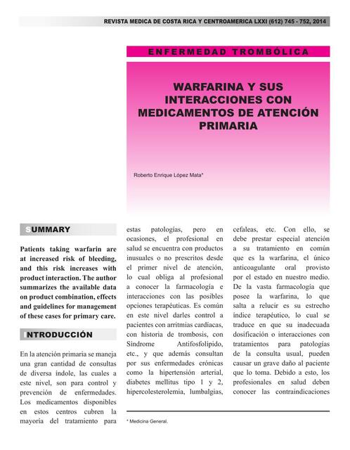 Warfarina y sus Interacciones con Medicamentos de Atención Primaria 