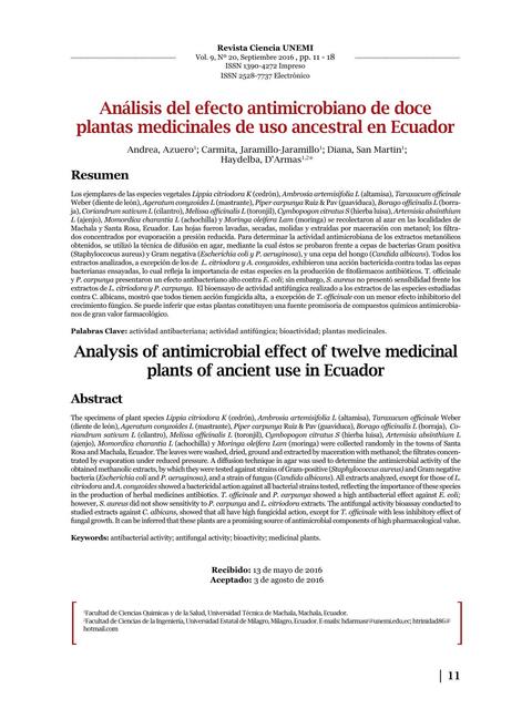 Análisis del efecto antimicrobiano de doce plantas medicinales de uso ancestral en Ecuador