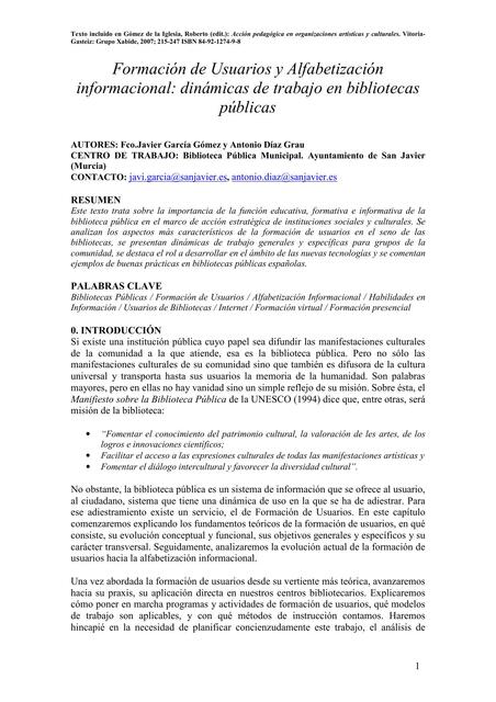 Formación de Usuarios y Alfabetización Informacional: Dinámicas de Trabajo en Bibliotecas Públicas