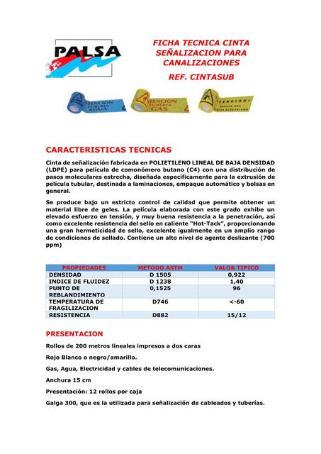 Ficha técnica cinta señalización para canalización 