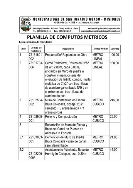 Planilla de Computos Métricos 