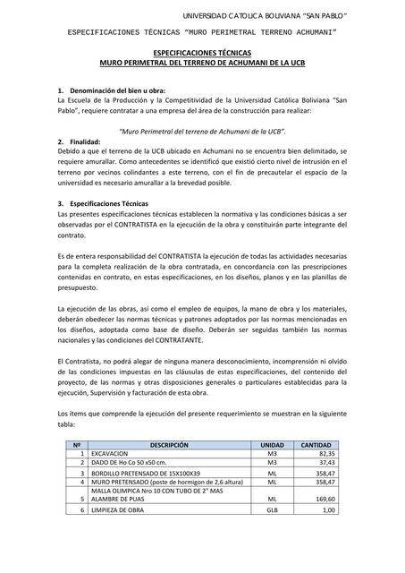 Especificaciones Técnicas Muro Perimetral del Terreno 