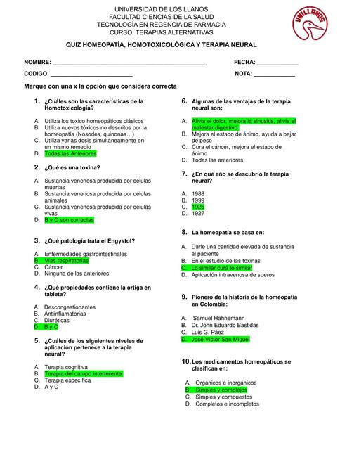 QUIZ HOMEOPATÍA HOMOTOXICOLÓGICA Y TERAPIA NEURAL