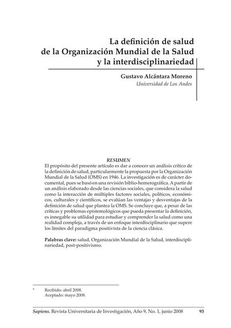 La Definición de Salud y a la Organización Mundial de la Salud y la Interdisciplinariedad 