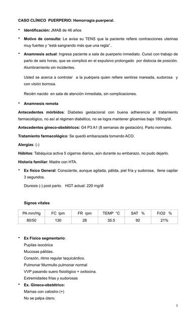 Caso Clínico Puerperio: Hemorragia Puerperal 