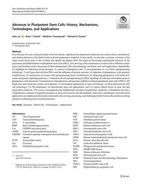 Advances in Pluripotent Stem Cells: History, Mechanisms,Technologies, and Applications