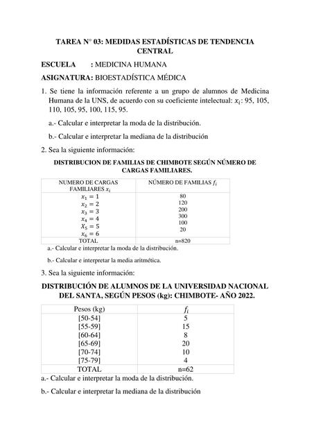 Medidas Estadísticas de Tendencia Central 