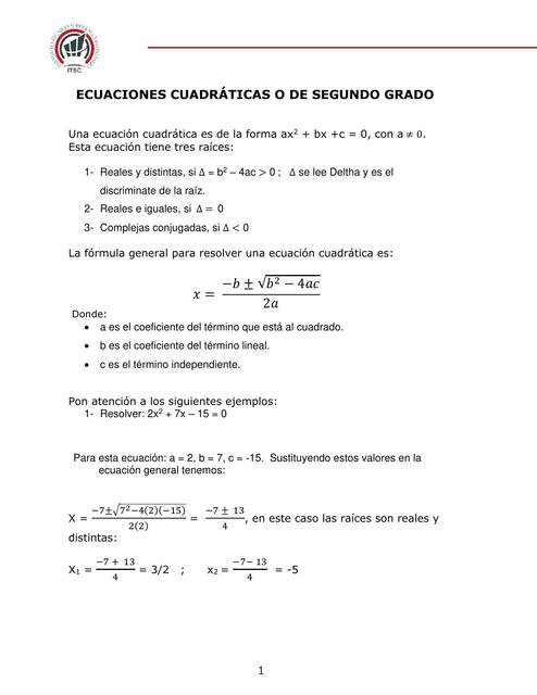 Ecuaciones Cuadráticas o de Segundo Grado 