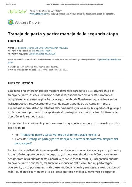 Trabajo de Parto y Parto: Manejo de la Segunda Etapa Normal 