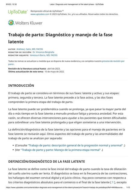 Trabajo de Parto: Diagnóstico y Manejo de la Fase Latente