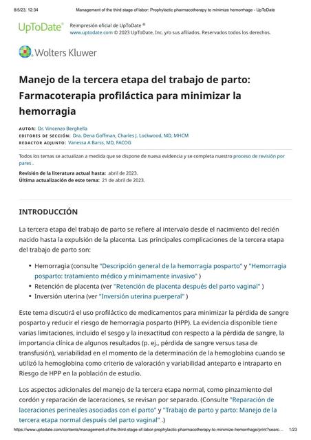 Manejo de la Tercera Etapa del Trabajo de Parto: Farmacoterapia Profiláctica para Minimizar la Hemorragia 