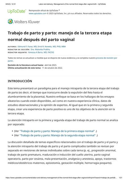 Trabajo de Parto y Parto: Manejo de la Tercera Etapa Normal Después del Parto Vaginal