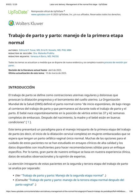 Trabajo de Parto y Parto: Manejo de la Primera Etapa Normal 