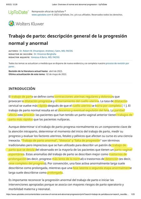 Trabajo de Parto: Descripción General de la Progresión Normal y Anormal 