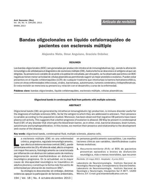 Bandas oligoclonales en líquido cefalorraquídeo de pacientes con esclerosis múltiple