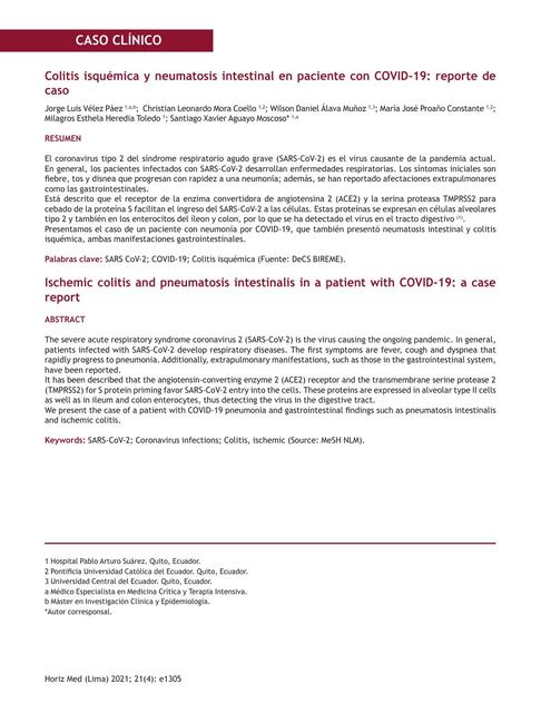 Colitis isquémica y neumatosis intestinal en pacientes con COVID-19