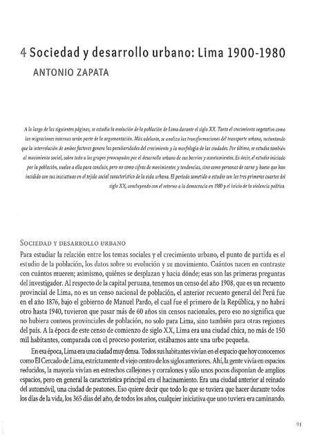 Sociedad y desarrollo urbano Lima 1900-1980 Antonio Zapata