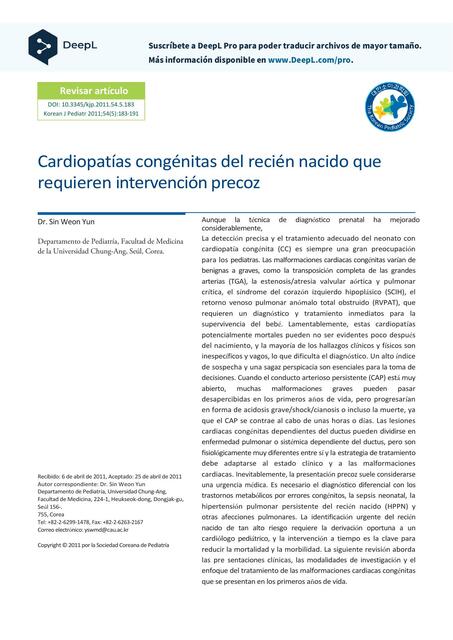 Cardiopatías Congénitas del Recién Nacido que Requieren Intervención Precoz