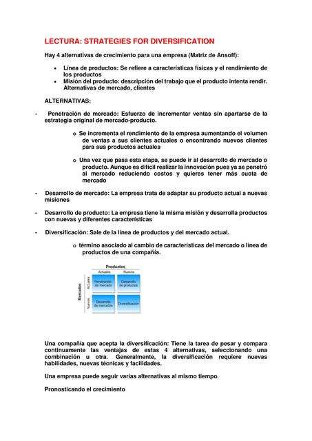 STRATEGIES FOR DIVERSIFICATION