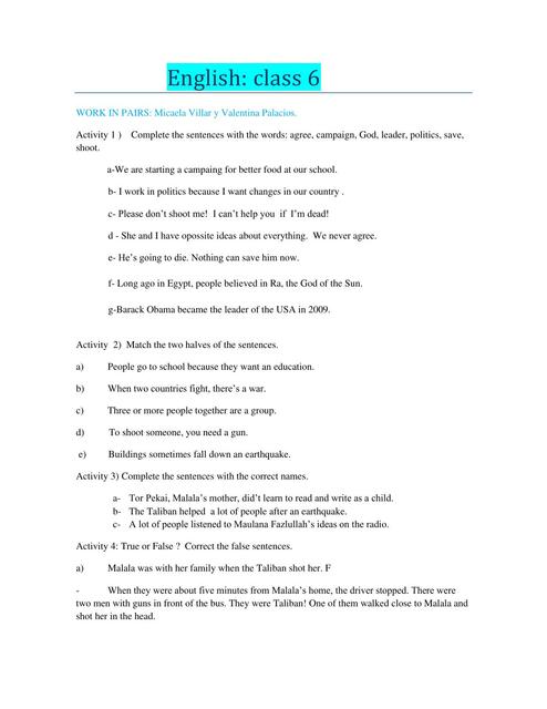 English class 6 | Micaela Villar | uDocz