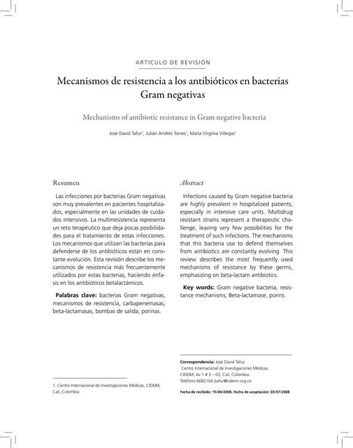 Mecanismos de Resistencia a los Antibióticos en Bacterias Gram Negativas