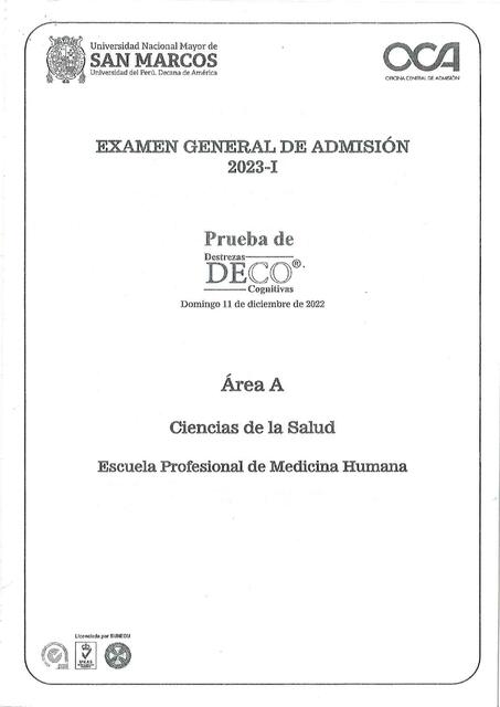 Examen de Admisión I MEDICINA HUMANA TIPO 1