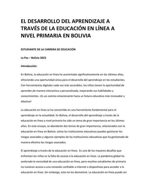 ENSAYO DE LA EDUCACIÓN EN LÍNEA