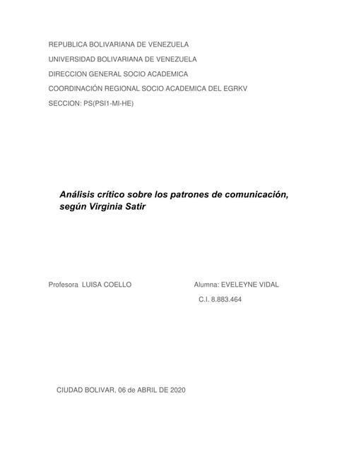 analisis critico sobre Virginia Satir