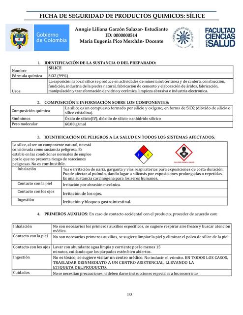 Ficha de Seguridad de Productos Químicos: Sílice 