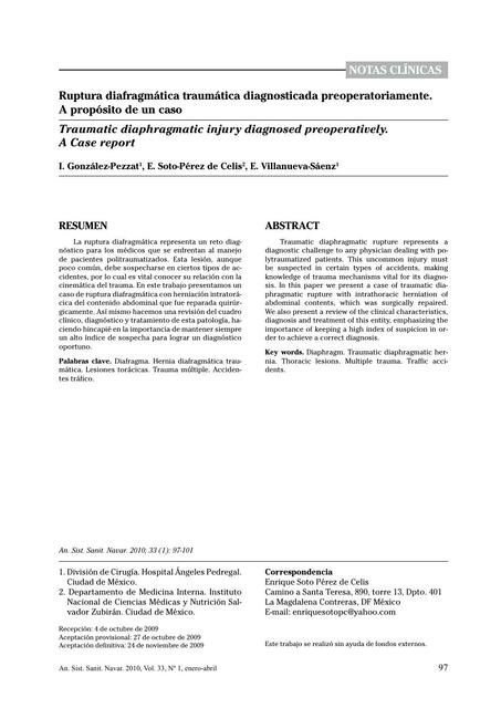 Ruptura Diafragmática Traumática Diagnosticada Preoperatoriamente 