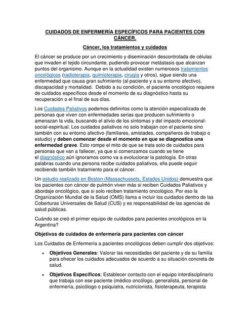 Cuidados de enfermería específicos para pacientes con cáncer 