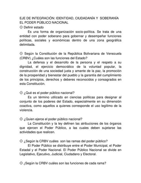 Eje de Integración: Identidad, Ciudadanía y Soberanía- El Poder Público Nacional 