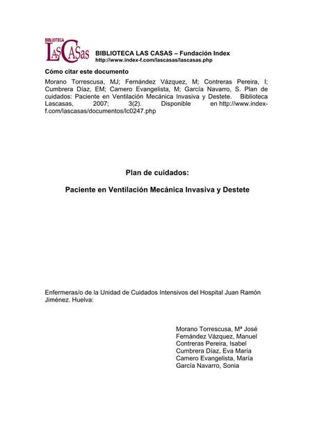 Plan de Cuidados: Paciente en Ventilación Mecánica Invasiva y Destete