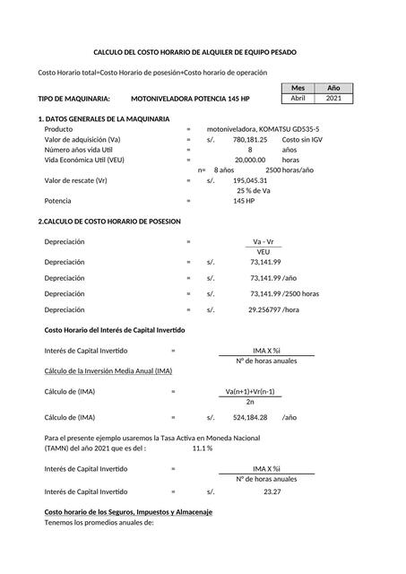 Costo de posesión y horario Motoniveladora 