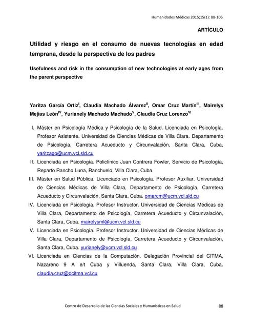 Utilidad y Riesgo en el Consumo de Nuevas Tecnologías en Edad Temprana, desde la Perspectiva de los Padres