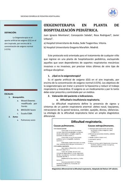 Oxigenoterapia en Planta de Hospitalización Pediátrica 