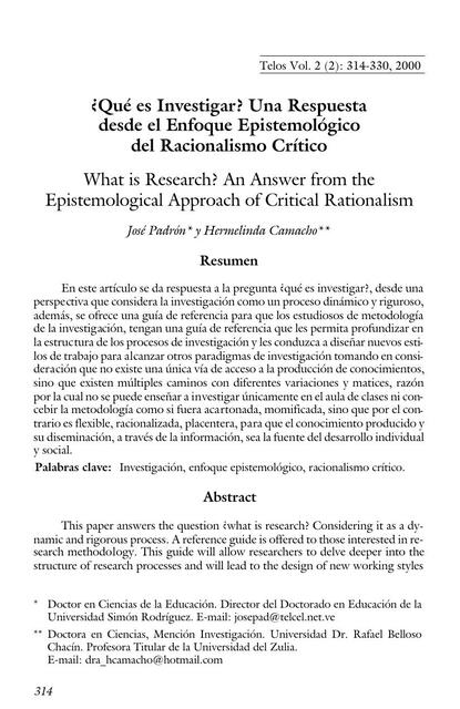 ¿Qué es Investigar? Una Respuesta desde el Enfoque Epistemológico del Racionalismo Crítico