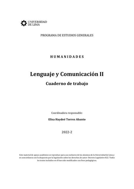 Lenguaje y Comunicación II  Cuaderno de trabajo 