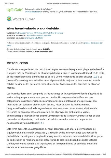 Alta Hospitalaria y Readmisión 