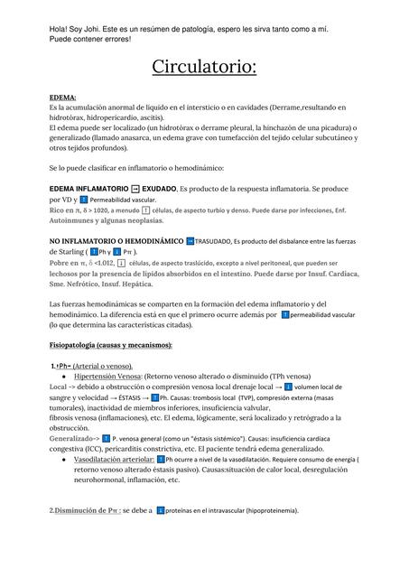 Resúmen Hemodinámico Cardio Patología  