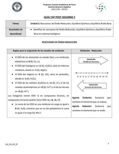 Reacciones de Óxido-Reducción, Equilibrio Químico y Equilibrio Ácido-Base