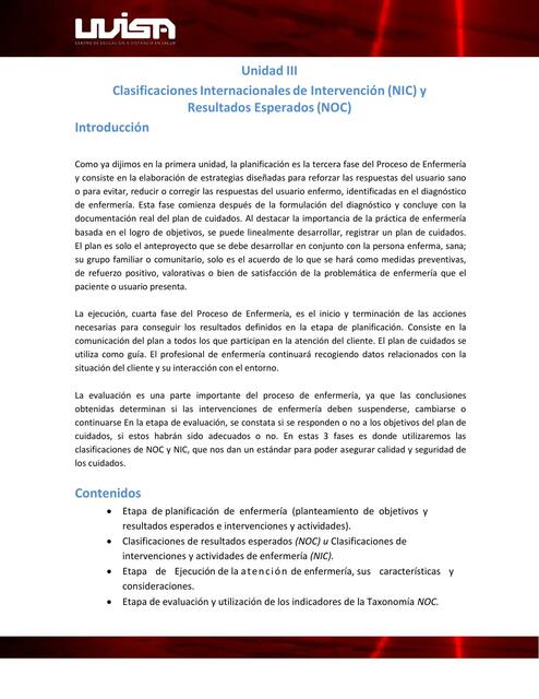 Unidad III Clasificaciones Internacionales de Intervención (NIC) y Resultados Esperados (NOC)