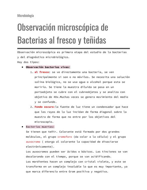 Observación microscópica de Bacterias al fresco y teñidas