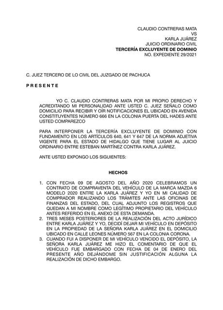 Modelo de demanda de juicio de tercería excluyente de dominio