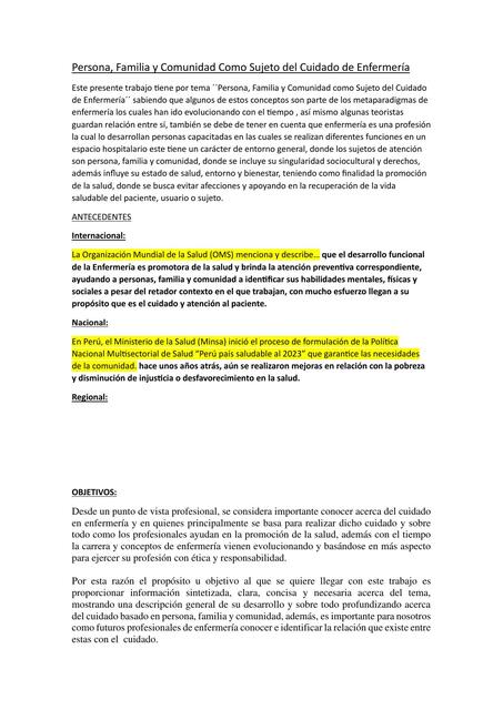 Persona, familia y comunidad como sujeto del cuidado en enfermería