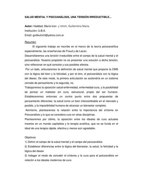 Salud mental y psicoanálisis una tensión irreductible  