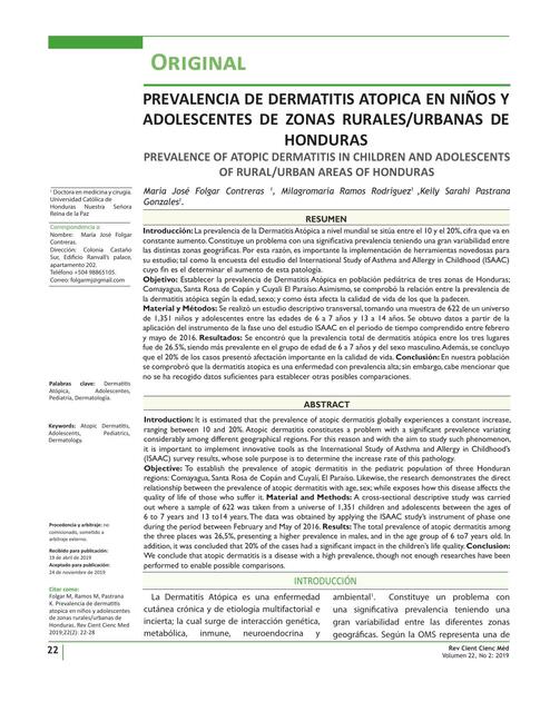 Prevalencia de dermatitis atopica en niños y adolescentes